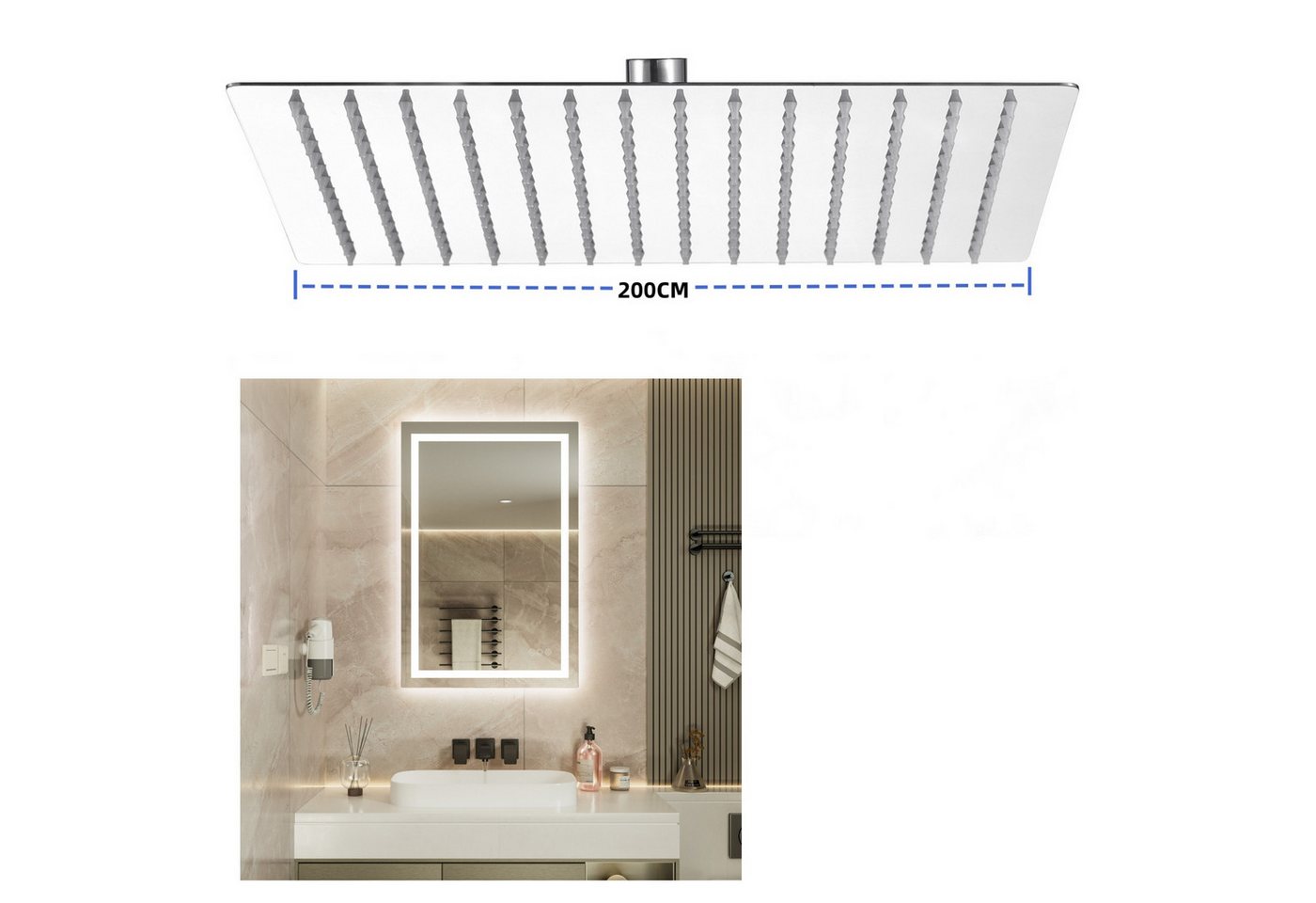 Auralum Max Regenduschkopf Regenduschkopf Edelstahl Kopfbrause Brausekopf Rechteck Duschkopf, (mit LED-Badezimmerspiegel, 1-tlg., Chrom Duschkopf, Schwarz Duschkopf , Massageduschkopf), regenduschkopf 30x30cm, 25x25cm, 20x20cm von Auralum Max