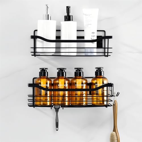 Auralum Duschablage ohne Bohren,Badezimmer Organizer,Duschregal,Badregal ohne Bohren,Shampoo Halterung für Dusche,mit großer Kapazität,2 Stück Rostbeständig,Schwarz von Auralum