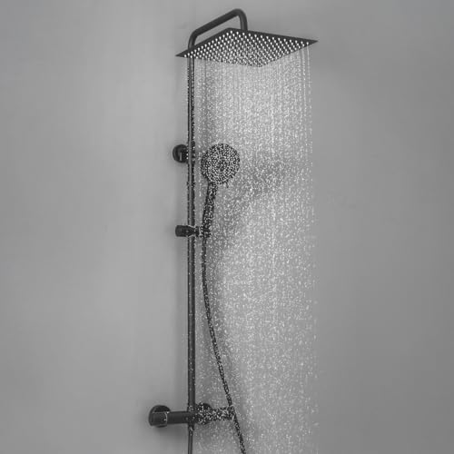 Auralum Duscharmatur Komplettset, Edelstahl Duschsystem mit Thermostat Armatur, 30x30 CM Regendusche, 5 Strahlarten Duschkopf und Höhenverstellbarer Duschstange (Schwarz) von Auralum