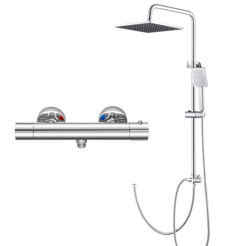 Auralum Duscharmatur mit Thermostat, Duschsystem mit Quadratischer Regendusche (25 × 25 cm), Handbrause, Thermostat und Höhenverstellbarer Duschstange von Auralum