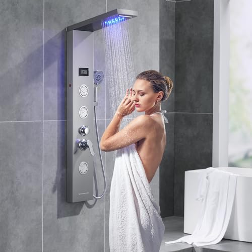 Auralum Duschpaneel mit Armatur und led, Duschpaneel Edelstahl Massagedüsen 5 Modi mit LCD und Handbrause 5 Funktionen von Auralum