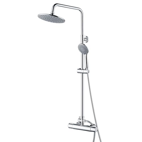 Auralum Duschsystem mit Thermostat aus Edelstahl Höhenverstellbar 92-122cm, Regendusche mit Armatur 22.5X22.5cm Kopfbrause und 3 Strahlarten Handbrause, Regendusche mit Thermostat Chrom von Auralum