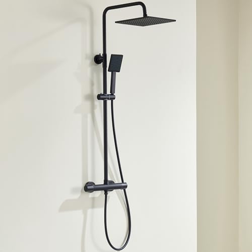 Auralum Duscharmatur Komplettset mit Verbrühschutz Thermostat Armatur, Regendusche Set Schwarz mit 25x25cm Duschkopf, Handbrause, Edelstahl Duschstange und PVC Duschschlauch von Auralum