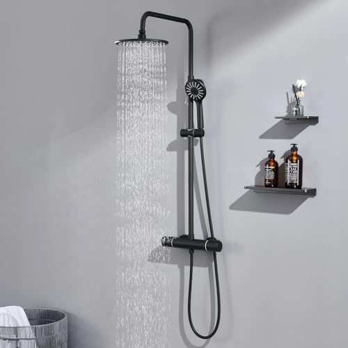 Auralum Duschsystem mit Thermostat Schwarz Höhenverstellbar, Duschsystem mit Duscharmatur Regendusche, Duscharmatur Komplettset aus Edelstahl mit 3 Strahlarten Handbrause von Auralum