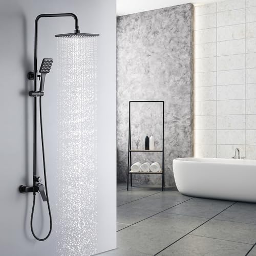 Duscharmatur Komplettset, Auralum Duscharmatur Schwarz Höhenverstellbar 90-124cm, Regendusche Schwarz mit Regendusche Duschkopf und Handbrause, Dusche Komplett für Badzimmer von Auralum