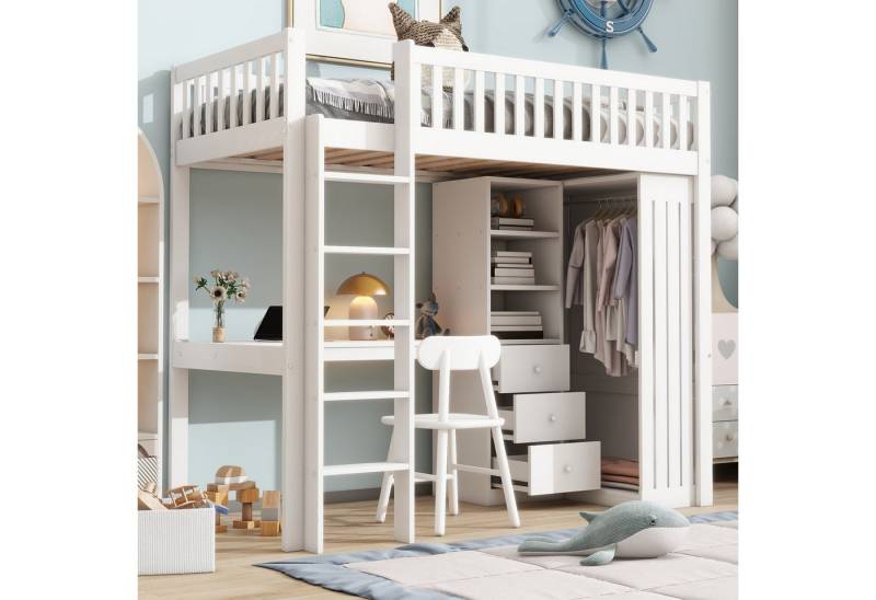 Auralum Hochbett 90x200cm mit Schreibtisch, Kleiderschrank, 3 Schubladen Kinderbett Ohne Matratze offener Stauraum von Auralum