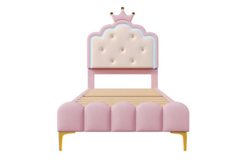 Auralum Polsterbett mit Lattenrost (ohne Matratze), Ambiente-Licht mit Fernbedienung, 90x200cm, Kronprinzessinnenform, Material PU, Rosa von Auralum