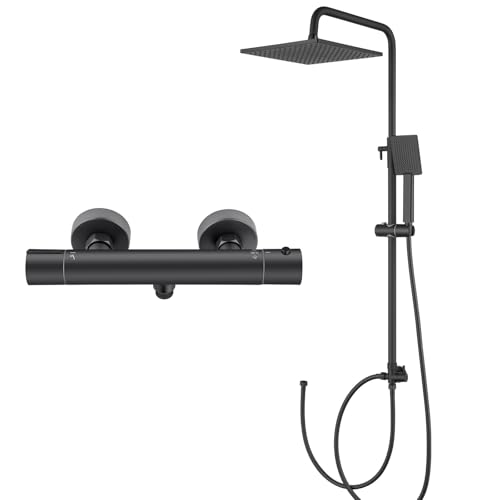 Auralum Schwarz Duscharmatur mit Thermostat, Duschsystem mit Quadratischer Regendusche (25 × 25 cm), Handbrause, Thermostat und Höhenverstellbarer Duschstange von Auralum