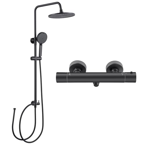 Auralum Schwarz Duscharmatur mit Thermostat, Duschsystem mit runder Regendusche (Ø 25cm), Handbrause, Thermostat und Höhenverstellbarer Duschstange von Auralum