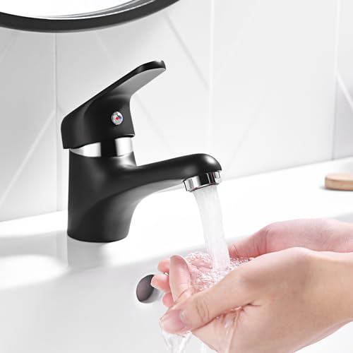 Auralum Schwarz Wasserhahn Bad, Waschtischarmatur ohne Ablaufgarnitur, Messing Einhandmischer Waschbecken Armatur, Klein Mischbatterie für Waschbecken Badezimmer,Gäste WC von Auralum