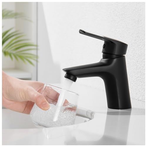 Auralum Schwarz Wasserhahn Bad, Waschtischarmatur Schwarz mit Auslauf Höhe 60 mm, Mischbatterie Waschbecken mit Ventilkern aus Keramik, Waschbecken Armaturen Messing für Bad/küche von Auralum