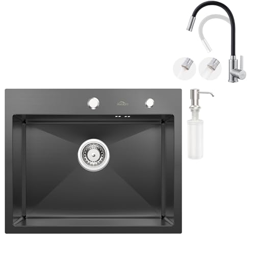 Auralum Spülbecken Rechteckig 55x45cm + Flexibler Küchenarmatur mit 2 Strahlarten, Einbauspüle inkl. Seifenspender und Siphon + Wasserhahn Küche Schwarz von Auralum