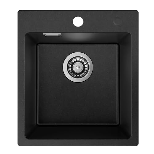 Auralum Spülbecken Schwarz 40 x 45 cm, Granit Spüle Schwarz Küchenspüle, Waschbecken Küche mit Siphon Ab- und Überlaufgarnitur, Granit Einbauspüle klein geeignet für 40 cm breite Unterschränke von Auralum