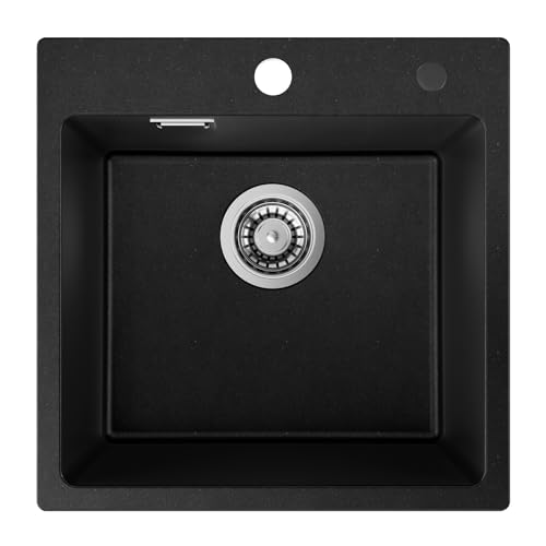 Auralum Spülbecken Schwarz 45 x 45 cm, Granit Spüle Schwarz Küchenspüle, Waschbecken Küche mit Siphon Ab- und Überlaufgarnitur, Granit Einbauspüle klein geeignet für 45 cm breite Unterschränke von Auralum