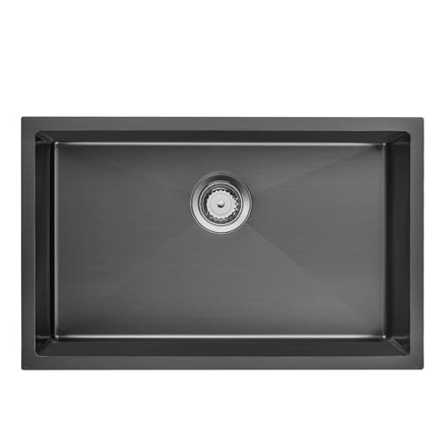 Auralum Spülbecken Schwarz 70 x 44 cm, Groß Handgefertigte Spülbecken Küche, für ab 80 cm Küchenschrank, inkl. Siphon, Über- und Ablauf-Set, Flächenbündig/Einbau Spülbecken Edelstahl von Auralum