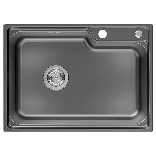 Auralum Spülbecken Schwarz Anthrazit 62 * 45CM, Küchenspüle Edelstahl Eckig mit Siphon & Über, Waschbecken Küche mit 2 HahnLöcher, Einbauspüle 1 Becken, Spüle Küche Edelstahl für 60er Unterschrank von Auralum