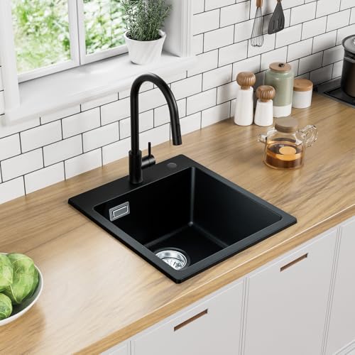 Auralum Spüle mit Armatur Set, Granit Spülbecken Schwarz 40 x 45 cm + Edelsathal Wasserhahn Küche Ausziehbar von Auralum