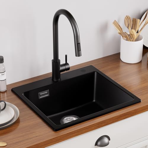 Auralum Spüle mit Armatur Set, Granit Spülbecken Schwarz 50 x 45 cm + Edelsathal Wasserhahn Küche Ausziehbar von Auralum