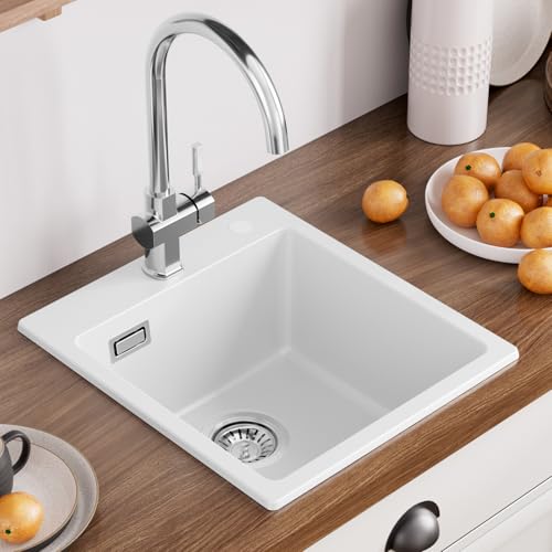 Auralum Spüle mit Armatur Set, Granit Spülbecken Weiß 40 x 45 cm + Wasserhahn Küche Chrom von Auralum