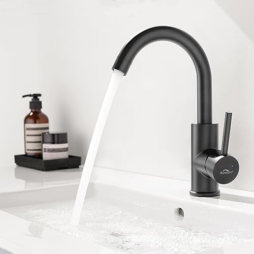 Auralum Wasserhahn Bad Schwarz, Waschtischarmatur Schwarz Hoch Messing, Mischbatterie Waschbecken mit 60CM Schlauchs, Einhebelmischer Waschbecken für Badezimmer/Küche von Auralum