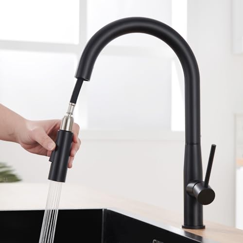 Auralum Wasserhahn Küche Schwarz, Hochdruck Küchenarmatur mit Brause Ausziehbar, Schwarz Armatur Küche Edelstahl Mischbatterie Küche mit Hoher Auslauf von Auralum