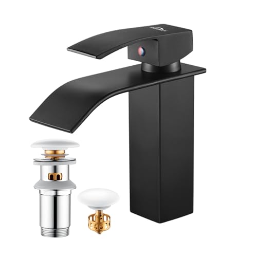 Auralum Wasserhahn schwarz Bad, Mischbatterie Waschbecken schwarz, Armatur Badezimmer mit Anti-Blocking POP UP Ablauf von Auralum