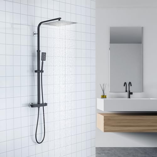 Auralum Duschsystem mit Thermostat Schwarz Höhenverstellbar 96-130cm, Regendusche mit Armatur und 30X30CM Duschkopf Regendusche Duscharmatur Komplettset aus Edelstahl Gefertigt von Auralum