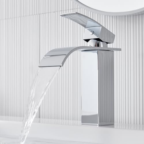 Wasserfall Wasserhahn Bad, Auralum Neuer verbesserte geräuscharmer Badezimmer Wasserhahn, Edelstahl Waschbecken Armaturen, 30% Wassereinsparung, Verchromt von Auralum