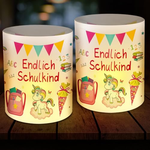 12 Windlicht Tischdeko Einschulung, Tischdeko Schulanfang, Deko Einschulung Mädchen, Schuleinführung Deko mit Motiv Schulranzen Einhorn Schultüte, Geeignet für Teelichter oder Kerzen von Aurasky