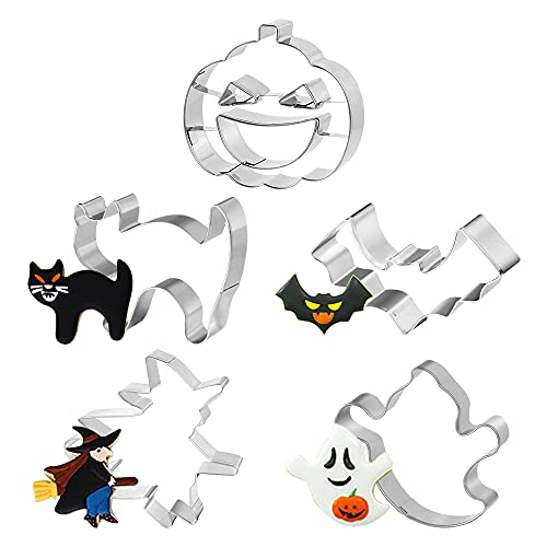 Aurasky Halloween Ausstechfomen Set, 5 Stück Halloween Ausstecher Keksausstecher, Edelstahl Halloween Ausstechformen Herbst Cookie Cutter für Kinder Kürbis Katze Fledermaus Geist Halloweenkekse von Aurasky