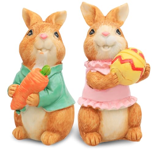 Aurasky Osterhasen Figuren, 2 Stück Hase Figuren, Harz Osterhase, Kaninchen hält Karotte Osterei Osterfigur, Hasen Deko Figur, Bunny Figuren Ornament für Ostern Tisch Garten ​Frühling Deko von Aurasky