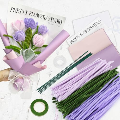 Pfeifenreiniger Blumen Violett Set, Pfeifenputzer zum Basteln, 150 Stück Chenilledraht mit Geschenkpapier Geschenkband, Pipe Cleaner für DIY Handwerk Dekorationen von Aurasky