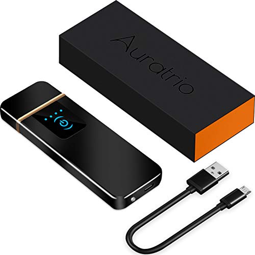 Auratrio USB Feuerzeug aufladbare elektronische Feuerzeug,Touchscreen, Winddichte Flammenlose, Lichtbogen Feuerzeug für Küche, Grill, Kerzen und Zigaretten (Glatt-Schwarz) von Auratrio