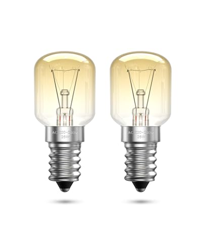 Aurax Backofenlampe E14 26W, 2er Pack T25 Ofenlampe bis 300 Grad Hitzebeständig Warmweiß 2400K 230V 26 Watt Dimmbar Salzlampe Glühbirne für Mikrowellenherd, Dunstabzugshaube, Salzlampe, Kühlschrank von Aurax