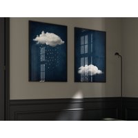 Blaue Und Silberne Regenwolken 2Er Set Drucke Abstrakte Kunst, Saphir Dunkelblaues Dekor, Maximalist Wohnzimmer Modern Minimalistisch von Aureous