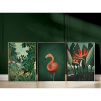 Maximalist Art, 3Er-Set Drucke, Botanisch, Rousseau, Flamingo Poster, Smaragdgrün, Galeriewand-Set, Große Wandkunst von Aureous