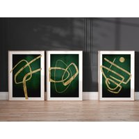 Smaragdgrün Und Gold Wandkunst 3Er Set Drucke, Abstrakte Formen, Line Art, Squiggles, Galerie Wandset, Wohnzimmer Dekor, Große von Aureous