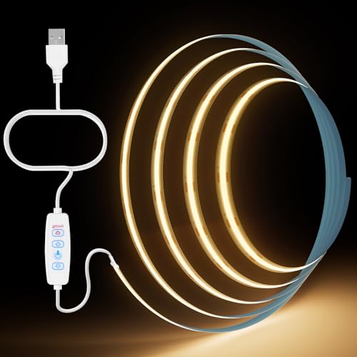 Aurevita 3 M COB LED Streifen USB 5V, Warmweiß Dimmbar CRI85+ 8mm Breite Flexibler LED Strip light für TV Hintergrund, Küche, Wohnzimmer, Party, DIY-Dekoration Beleuchtung von Aurevita