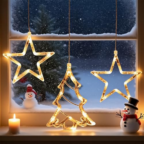 Weihnachtsdeko Fenster Lichter, 3er Set LED Fensterlichter-Fünfzackiger Stern*2PCS, Weihnachtsbaum*1PC, AAA Batteriebetrieb, Timer, Saugnapf Fensterschmuck für Innen, Ohne Batterie von Aurevita
