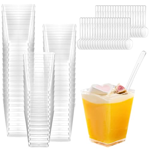 Aurinovellia 40 Stück Desserttasse mit 40 Stück Löffeln, Wiederverwendbar Plastik Dessertschalen, 5OZ /160ML Klare Desserttasse, Trapezförmig Desert Becher, für Party Picknick Mousse Pudding Eiscreme von Aurinovellia