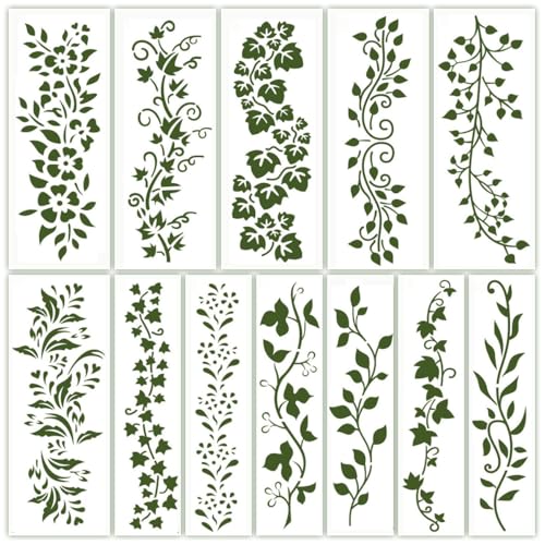 Auriselle 12 Stück Leafy Vine Schablonen Malen, Wiederverwendbare Zeichenschablone Waschbar Set für DIY-Bastelprojekte Scrapbooking Holz Boden Wand Fliesen Textilgestaltung Möbel Typografiezubehör von Auriselle