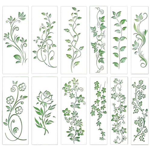 Auriselle 12 Stück Rosenrebe Schablonen Malen, Wiederverwendbare Zeichenschablone Waschbar Set für DIY-Bastelprojekte Scrapbooking Holz Boden Wand Fliesen Textilgestaltung Möbel Typografiezubehör von Auriselle