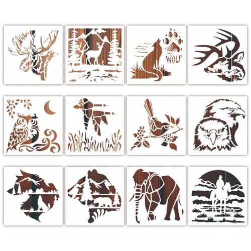 Auriselle 12 Stück Tier Schablonen Malen, Wiederverwendbare Zeichenschablone Waschbar Set für DIY-Bastelprojekte Scrapbooking Holz Boden Wand Fliesen Textilgestaltung Möbel Typografiezubehör von Auriselle