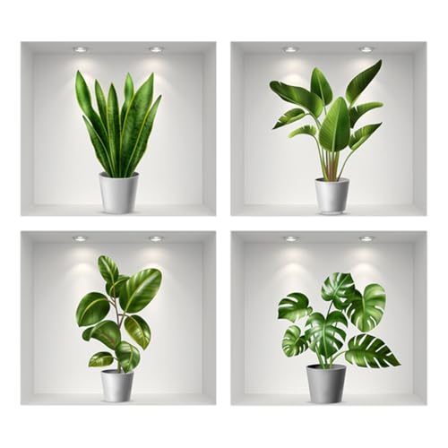 Auriselle 4 Stück 40 * 50CM Wandaufkleber Grünem Topfpflanze Blumen Vasen- 3D Selbstklebende Wanddekoration mit Grünen Pflanzen und Blättern - Modernes Wandbild für Wohnzimmer Büro Hotel von Auriselle