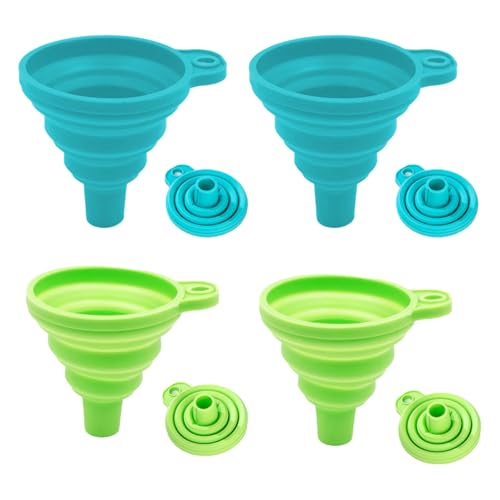 Auriselle 4 Stück Silikon-Falttrichter Zusammenklappbarer Trichter mit Ausziehbares Design Tragbarer Faltbar Mini Trichter für Bier, Öl Flüssigkeiten Übertragung (2 Blaue und 2 Grüne) von Auriselle