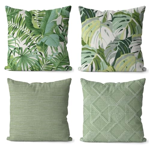 Auriselle 4er Set 45x45cm Leinen Kissenbezug, Kissenhülle SofaModerne DekoVegetatives Blatt Botanisches Blumenmuster Sofa Wohnzimmer Schlafzimmer Unsichtbarer Reißverschluss Grün von Auriselle