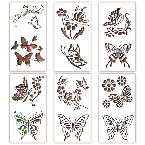 Auriselle 6 Stück Schmetterlings Schablonen Malen, Wiederverwendbare Zeichenschablone Waschbar Set für DIY-Bastelprojekte Scrapbooking Holz Boden Wand Fliesen Textilgestaltung Möbel Typografiezubehör von Auriselle