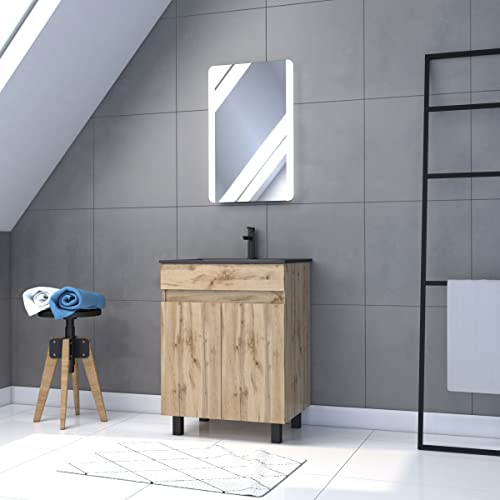 Badezimmerschrank mit 2 Türen/Waschbecken/Spiegel, LED, 60 cm x 80 cm, Eiche Natur von AURLANE