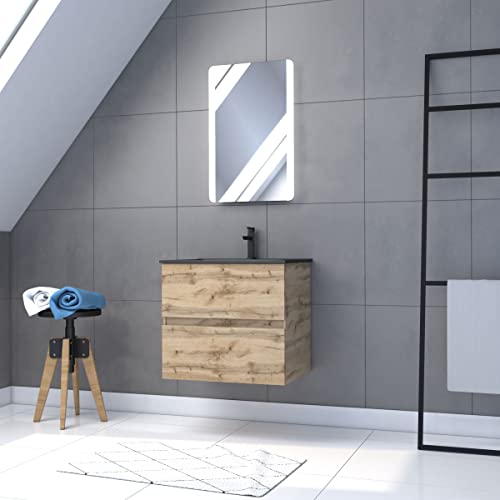 AURLANE Badezimmermöbel, 60 x 54 cm, Eichen-Finish, natürliches Eichen-Finish, Waschbecken schwarz + LED-Spiegel – Timber 60 – Pack08 von AURLANE