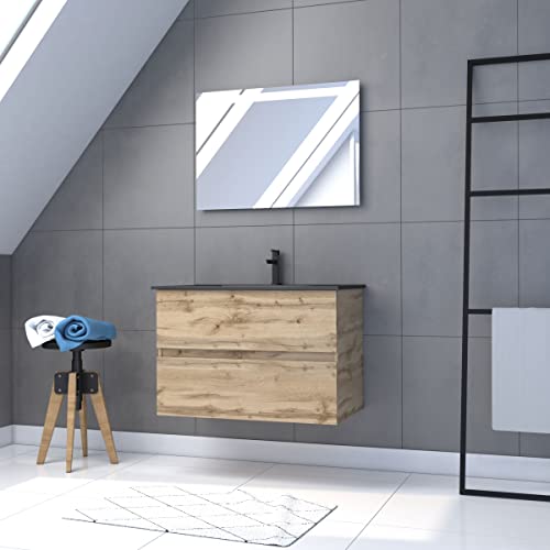 Badezimmerschrank mit Schublade/Waschbecken/Spiegel, LED, 80 cm × 54 cm, Eiche natur von AURLANE